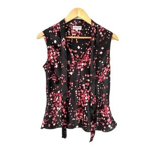 Vintage Innovare Satin Black & Pink Sleeveless Blouse Tie Notched Collar Size 6